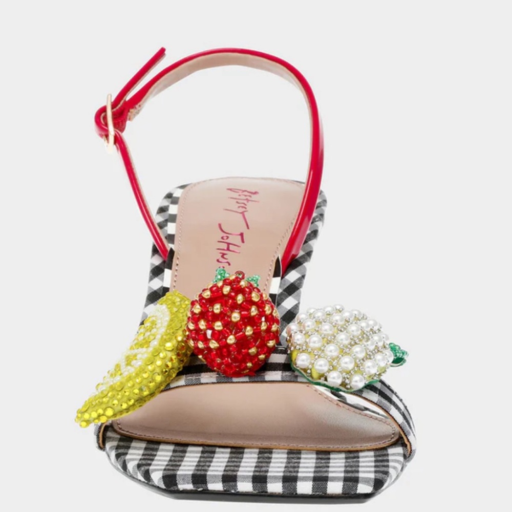 Betsey Johnson Kitten Heels - Checkered Fruit w/ Beaded Lemon and Strawberry
